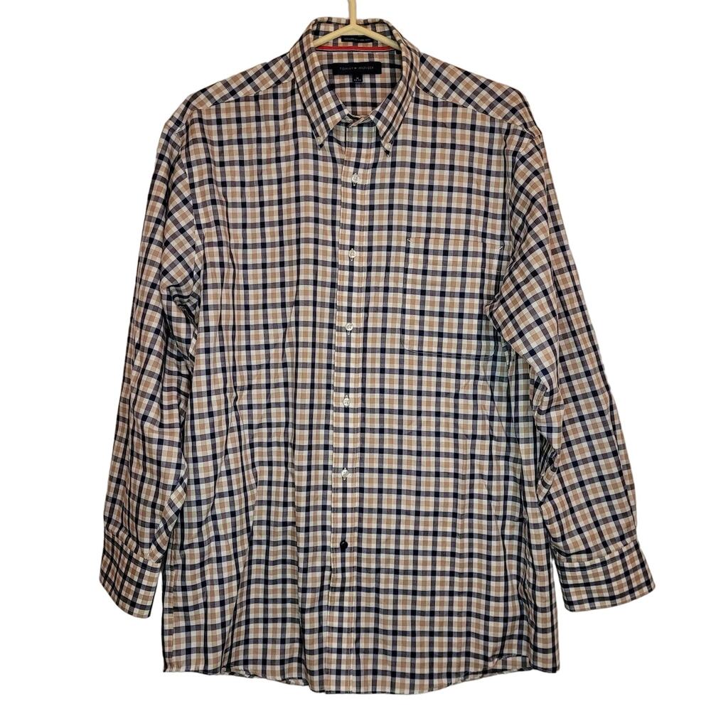 Tommy Hilfiger tan and blue plaid button up shirt Size 16 Preppy Classic